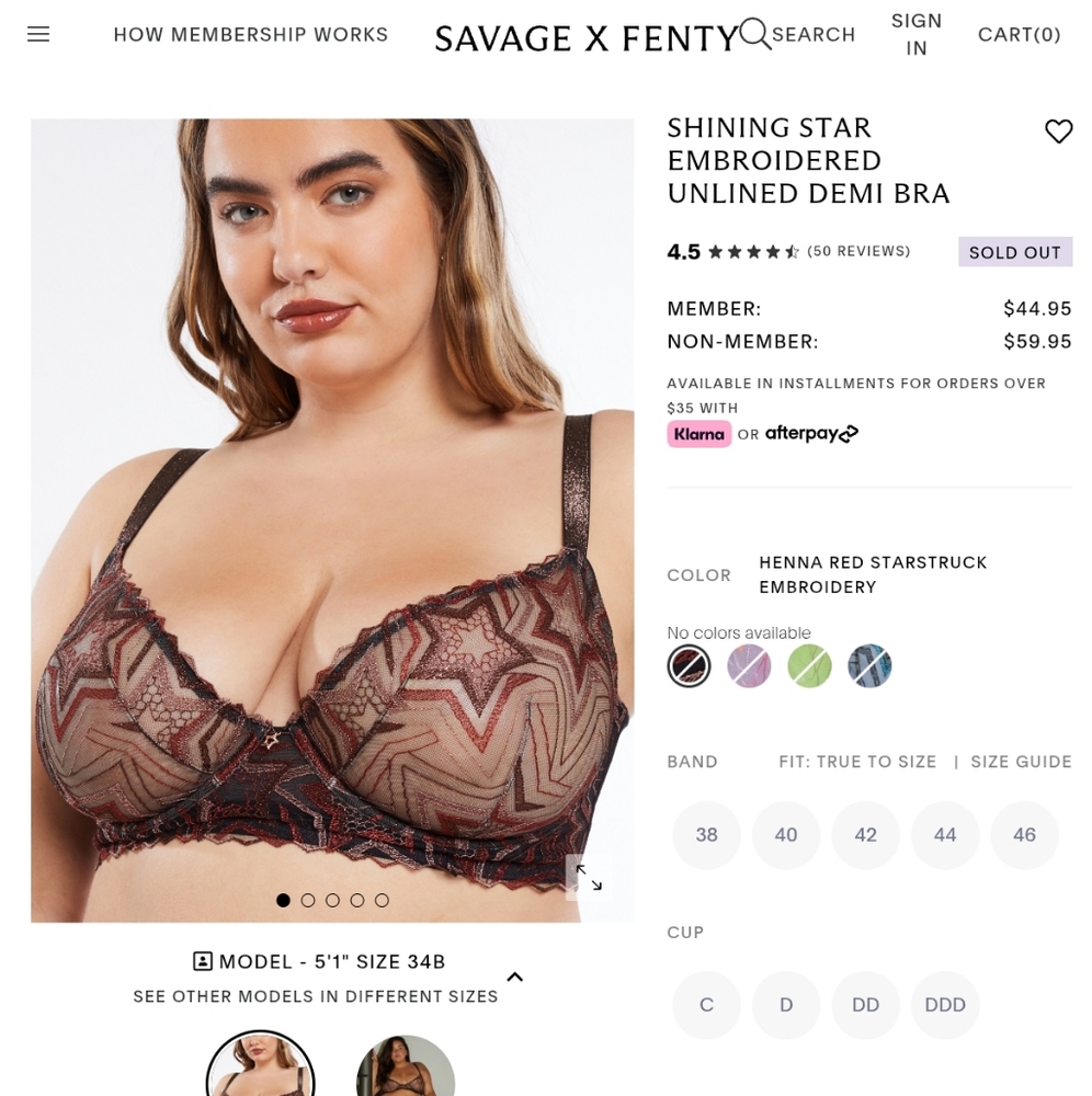 NWT Savage X Fenty Shining Star Unlined Demi Bra 32C Red Starstruck Embroidery - Picture 2 of 9